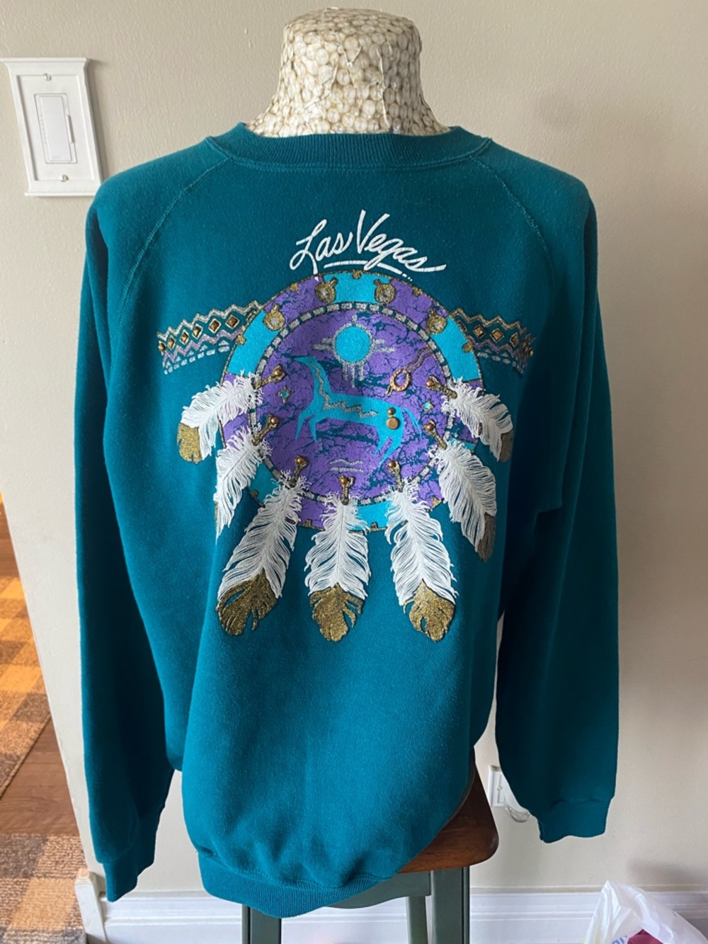 Vintage 90s Las Vegas Teal Graphic Sweatshirt with Feather Dreamcatcher